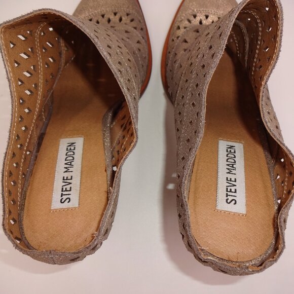 Womens Steve Madden Harmony Gold Leather Mules 8.5M 8.5 Cutouts Heels Shoes - Picture 7 of 9